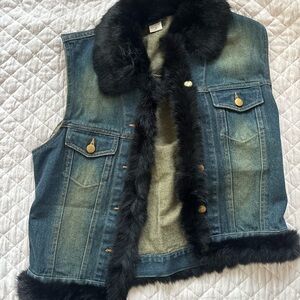 Cejon Blue Denim Vest with Black Fur Trim